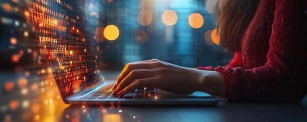 Fototapete - Backlit female hands typing on notebook with glowing business chart and binary code nodes, blurry background, virtual marketing, financial analysis concept, double exposure