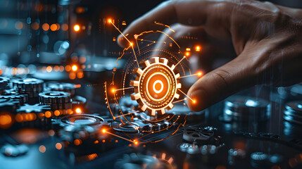 Hand-touching digital web development and design interface. Optimization of business and industrial process workflow and automation. Development of websites for automation managem