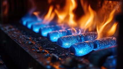 Wall Mural - Blue flames burn above a metal surface, creating a powerful and peaceful atmosphere.