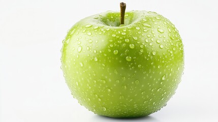 Wall Mural - a crisp, fresh green apple with tiny water droplets on its surface, its smooth skin and vibrant colo