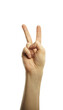© peshkova - A hand making a peace or victory sign with two raised fingers. Close-up, isolated on a white background. Symbol of unity, hope, international connection and friendly communication