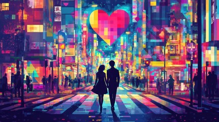 Wall Mural - Lovers walking in the street in colorful geometrical shapes