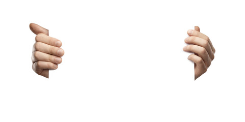 Poster - Two human hands holding the edges of a blank white surface, isolated on a clean white background. Concept for presentation, design, or advertising mockup
