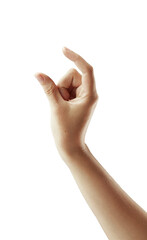 Poster - A close-up image of a human hand making a pinch gesture, isolated on a white background. The image is clear and well-lit, perfect for design concepts