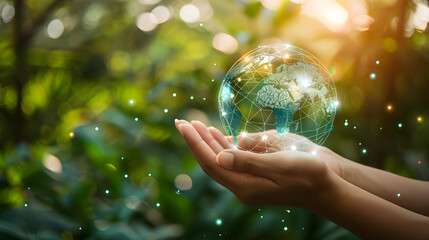 Sustainable development goal (SDGs) concept.Hands holding Global communication network with Environment icon on a green background.Green technology and Environmental technology.ESG