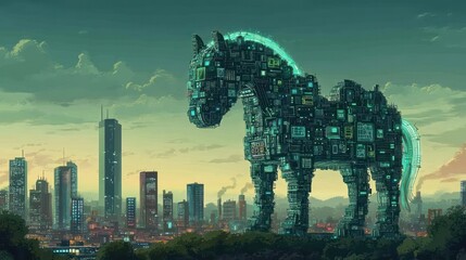 Wall Mural - illustration of trojan horse in modern city