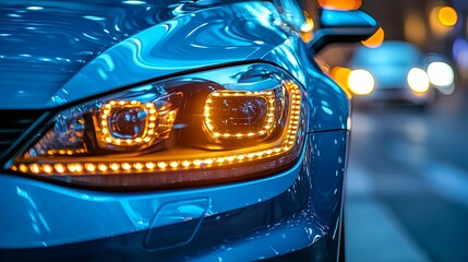 Illuminated Headlight of a Blue Modern Car at Night