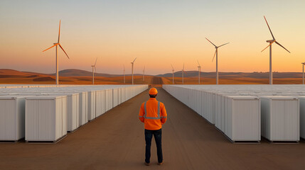 Poster - worker in safety gear stands between wind turbines and solar panels, reflecting on clean energy