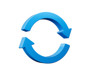 3d blue refresh icon, reload icon symbol, 3d rotation arrows on white background, 3d illustration