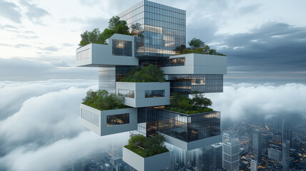 Aufkleber - futuristic skyscraper design with greenery and clouds