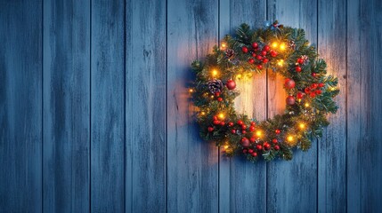 Wall Mural - Christmas holiday wreath with illuminated lights on rustic white wood