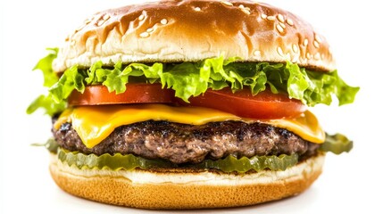 Wall Mural - A perfectly grilled hamburger with a juicy beef patty, fresh lettuce, tomato