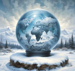 illustration of winter landscape in frozen earth globe.