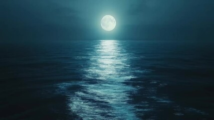 Wall Mural - Silvery moonlight across sea expanse, ocean water surface with reflection. calm landscape 4k UHD.