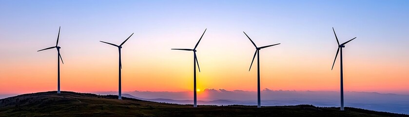 Eco-friendly wind turbines, a row of turbines on a foggy mountain ridge, sunrise breaking through mist, breathtaking colors, elegant design, crisp layout