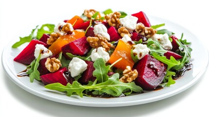 Wall Mural - A plate of colorful roasted beet salad with arugula, goat cheese, candied walnuts