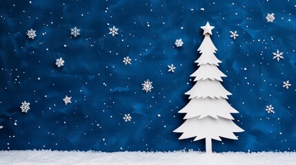 Wall Mural - white christmas tree on blue background with snowflakes.