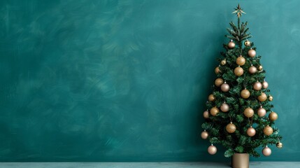 Wall Mural - festively decorated christmas tree against teal backdrop.
