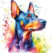 © Woranuch - Vibrant Watercolor Portrait of a Doberman Pinscher Dog.  A colorful, artistic depiction of a loyal canine companion.