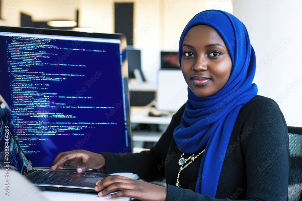 Professional Muslim Woman in IT Industry Working on Code in Modern Office
