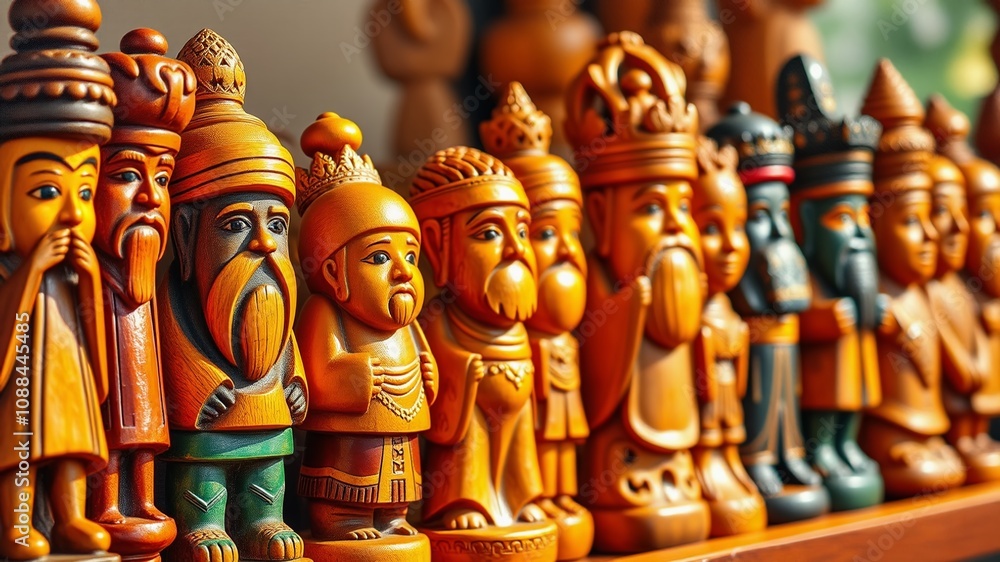 A row of intricately carved, vibrant wooden figurines of varying shapes, sizes, and hues form a cohesive group,