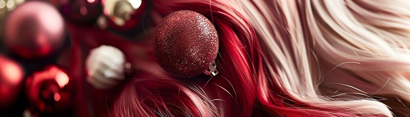 Festive red and gold holiday ornaments with elegant flowing fabric, creating a warm and luxurious winter celebration atmosphere.