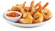 © ArpPSIqee - A plate of crispy coconut shrimp with a golden coconut crust and a side of sweet chili dipping sauce, Each shrimp’s crunchy coating and juicy interior captured with precision