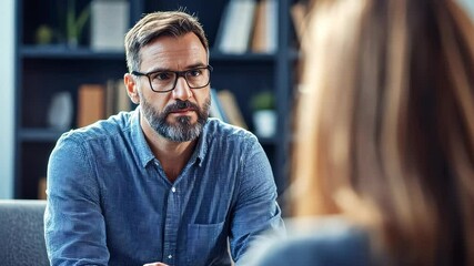 Aufkleber - A professional discusses important matters with a client in a contemporary office space. The interaction demonstrates active listening and focused dialogue, showcasing effective communication.