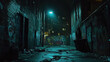 © Xingguo - Dark alleyway at night, dimly lit by a streetlamp, featuring graffiti-covered walls and scattered broken glass, evoking tension and mystery.