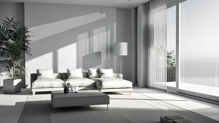 Leinwandbilder - This serene living room features a modern minimalist design with soft colors and large windows allowing ample natural light. A cozy sofa and elegant decor enhance the tranquil atmosphere.