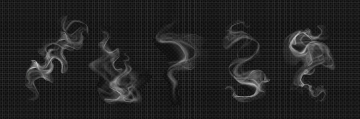 white realistic smoke elements flowing on dark background. translucent curving steam shapes with mys