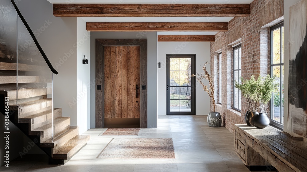 Entrance hall featuring a blend of modern chic and rustic aesthetics ...