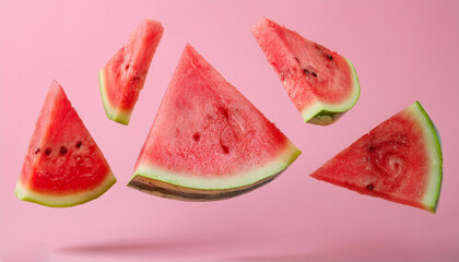 Wall Mural - Slices of fresh juicy watermelon falling on pink background. ai generated