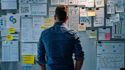 Leinwandbilder - In a contemporary office environment, a man reflects on innovative strategies while examining a wall filled with charts, graphs, and notes. This inspires teamwork and creativity.