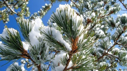 Canvas Print - Snow-Covered Pine Branches Under Bright Blue Sky Showcasing Winter Beauty and Nature's Serenity in a Picturesque Outdoor Landscape