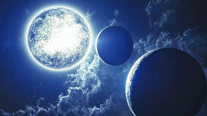 Poster - A radiant star shines brightly in the depths of space, surrounded by two dark planets that orbit in its glow. The cosmic beauty captures the essence of the universe.