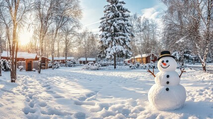 Sticker - Panoramic view of happy snowman in winter secenery with copy space