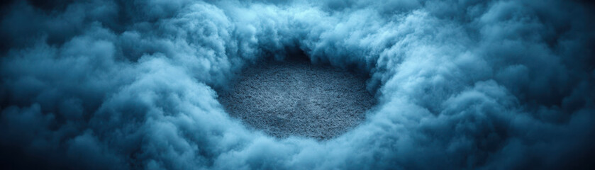Wall Mural - A mysterious circular opening surrounded by swirling blue clouds, creating an ethereal and captivating atmosphere.