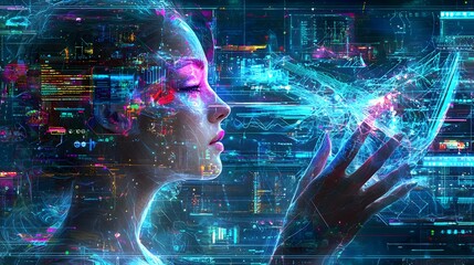 Aufkleber - Digital interaction with ai futuristic cityscape art piece virtual environment side view technology concept