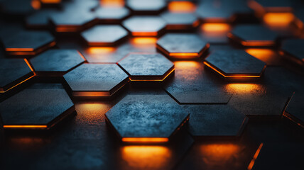 Canvas Print - A close up of a black and orange hexagonal pattern. The pattern is made up of many small hexagons, and the orange color is prominent. The image has a futuristic and industrial feel to it