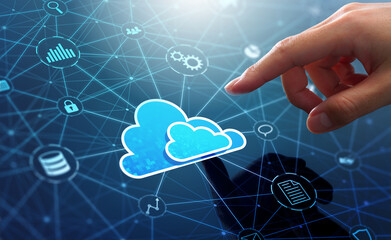 Leinwandbilder - Cloud computing and SaaS technology. Transfer of data between application. Businessman touching cloud icon on network connection.