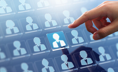 Leinwandbilder - Customer relationship management CRM concept. Customer data and marketing database system. Businessman touching customer icon.