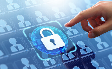 Fototapete - Customer information and personal data protection. Internet security system. Businessman touching padlock icon.