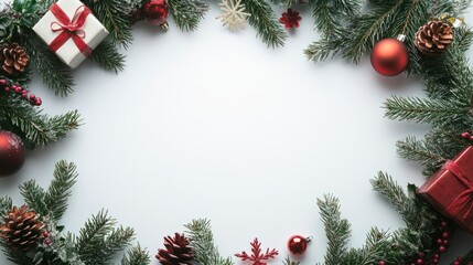 Poster - top view of pine tree wreath with Christmas decorations and round blank space in middle isolated on white