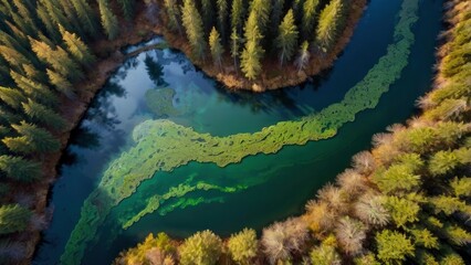 Wall Mural - Aerial View of a Meandering River through a Forest - generative ai