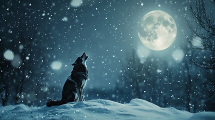 Poster - A lone wolf howls at the full moon in a snowy forest.