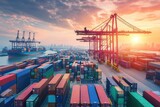 A bustling shipping port at sunset with stacked containers and cranes.