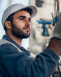 © Moon Story - Middle Eastern male technician focused on his work, wearing cap and gloves, showcasing dedication and skill in technical environment