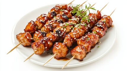 Wall Mural - A plate of succulent teriyaki chicken skewers with a sesame seed garnish, Each skewer’s caramelized glaze and tender meat captured with precision