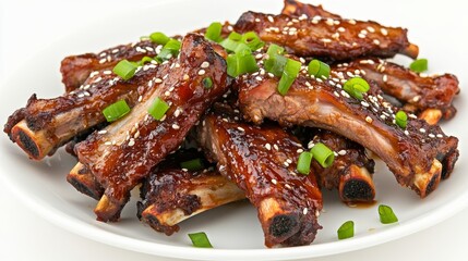 Wall Mural - A plate of succulent honey glazed pork ribs with sesame seeds and chopped green onions garnish, Each rib’s caramelized glaze and tender meat captured with precision